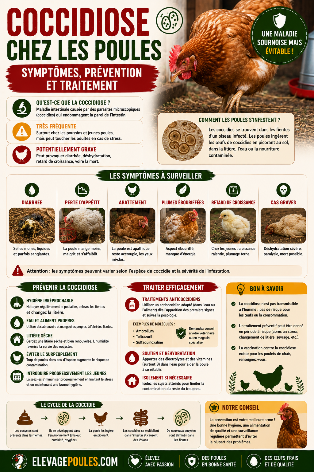 Coccidiose chez les poules : symptômes et traitement